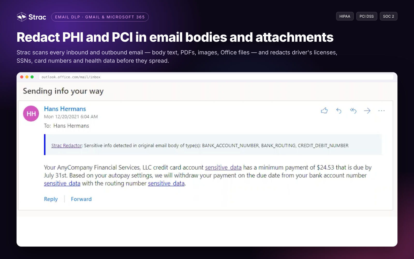 Strac redacting bank account and card numbers in an email thread