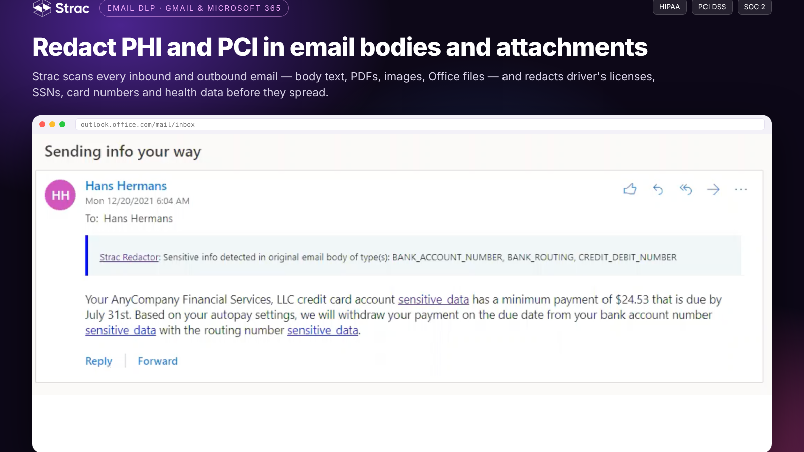 Strac redacting bank and card numbers inside a customer email thread