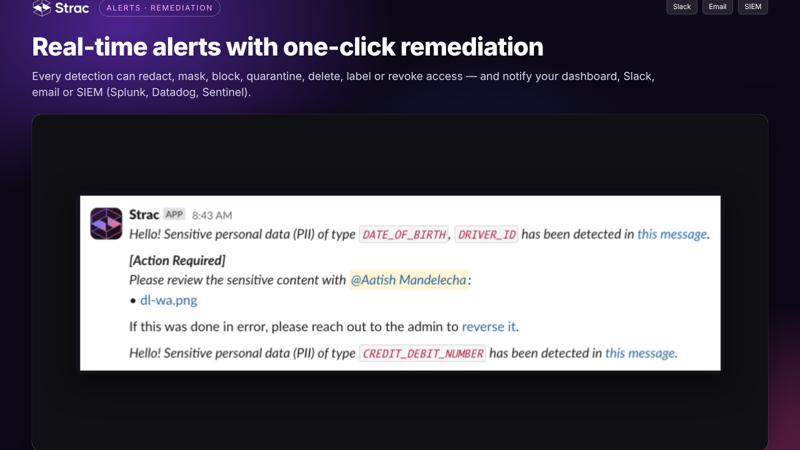Strac alert showing detected data types and remediation actions